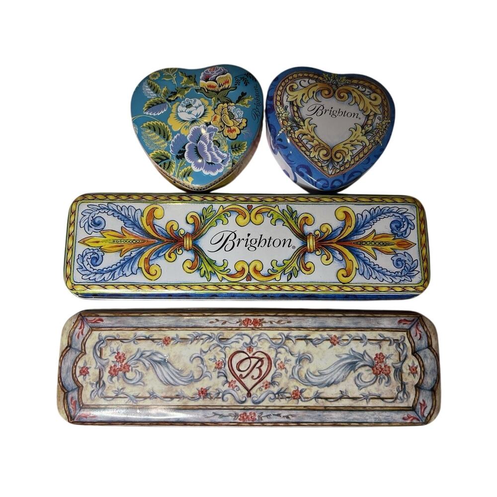Brighton heart shape & rectangular EMPTY tin metal jewelry containers, lot of 4